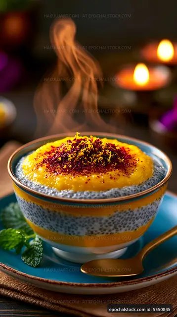 Chia pudding topped with mango and spices on a table