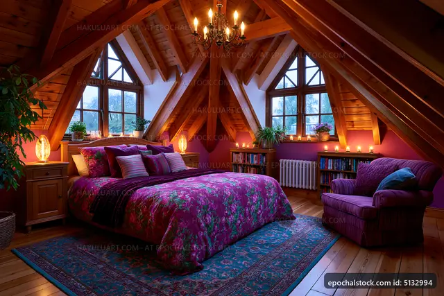 Cozy bedroom with wooden ceiling and rich decor in evening light