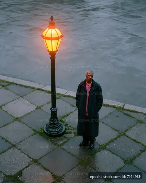 Man standing near a glowing street lamp on a quiet street