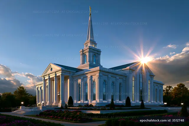 Beautiful church building at sunset with clear sky and sunlight