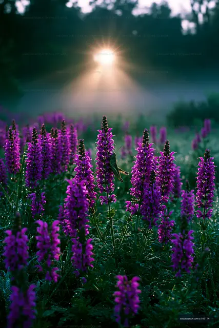 Purple flowers in sunlight at dawn on a misty morning