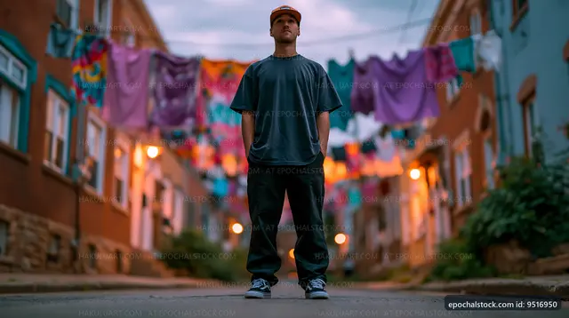 Man standing in alley with laundry hanging in the background