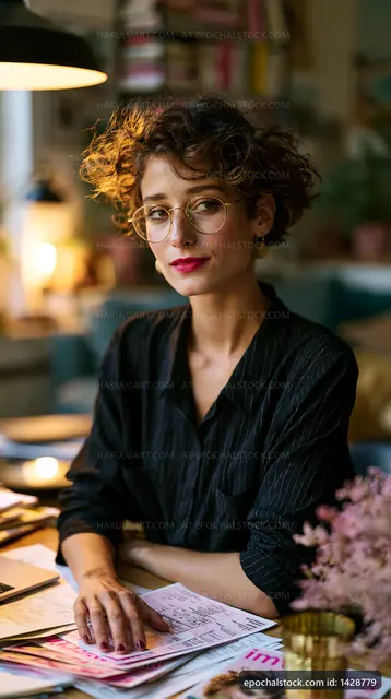 Woman with curly hair in glasses sitting at a desk in an office