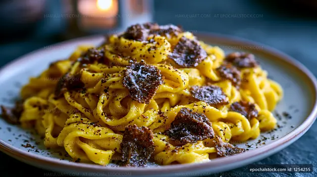 Fettuccine with black truffles served on white plate