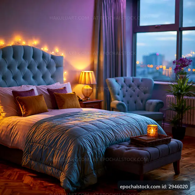 Cozy bedroom with soft lighting and modern decor at dusk