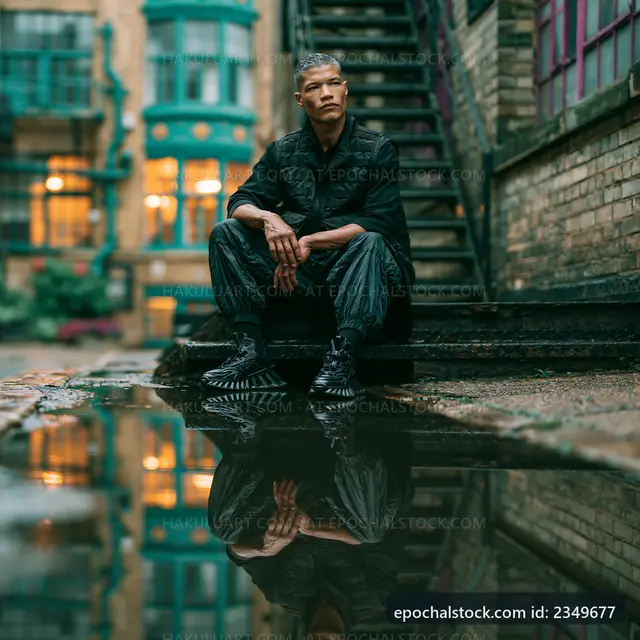 Man sitting by a puddle in an urban setting during evening