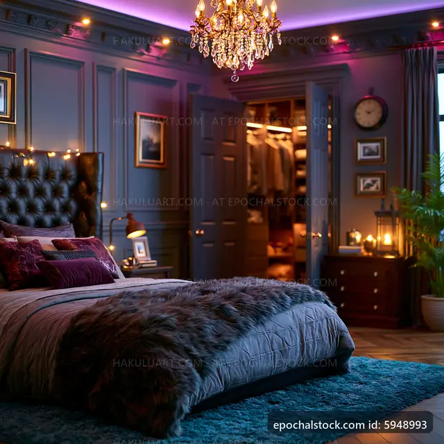 Cozy bedroom interior with decorative lighting and closet