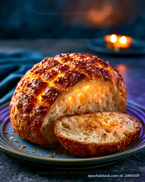 Freshly baked bread loaf on a plate with a slice cut