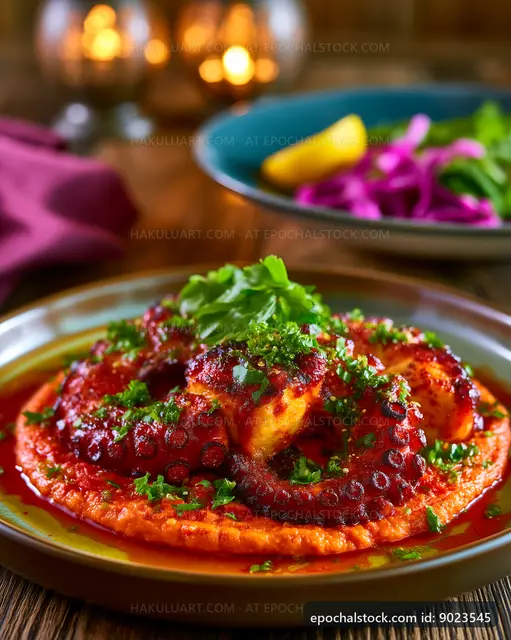 Grilled octopus served on a plate with sauce and sides
