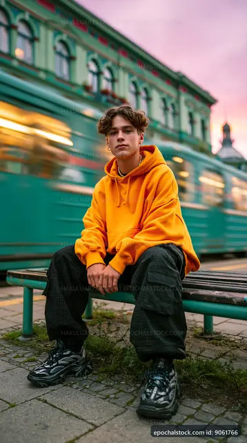 Young man in yellow hoodie sitting on a bench by a tram stop