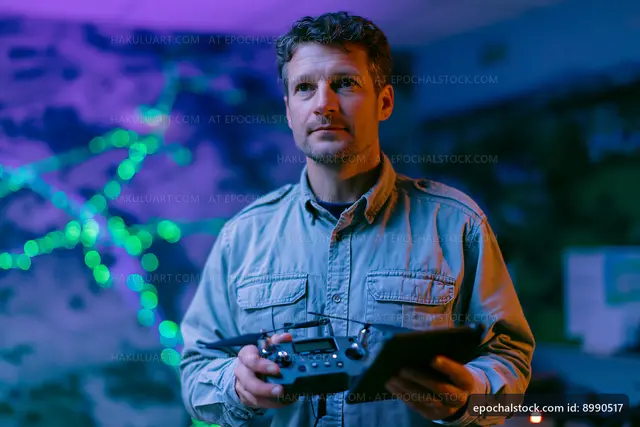 Man controls drone in dark room with colorful lighting
