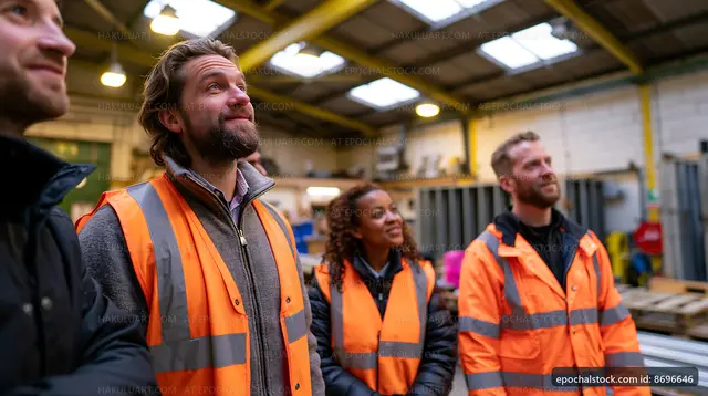 Team members in safety vests look up in a workspace