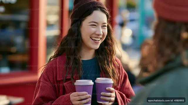 Woman smiling while holding coffee cups in a city setting