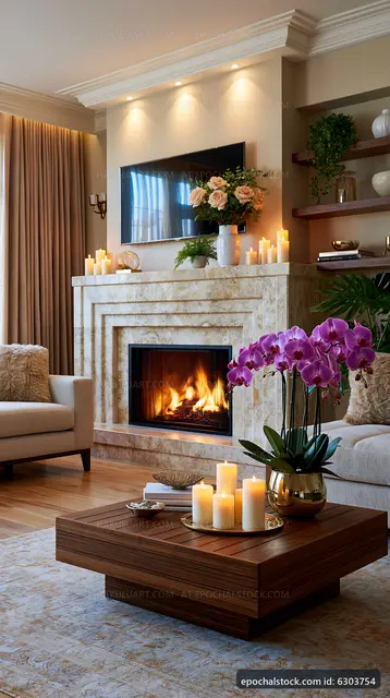 Warm living room with candles and fireplace