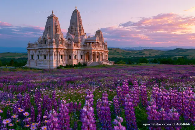Temple surrounded by flowers at sunset in a rural landscape