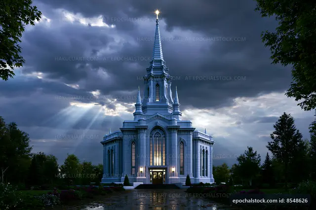 Beautiful church with spire under cloudy sky
