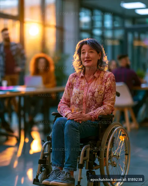 Woman in wheelchair smiles during event in bright office space