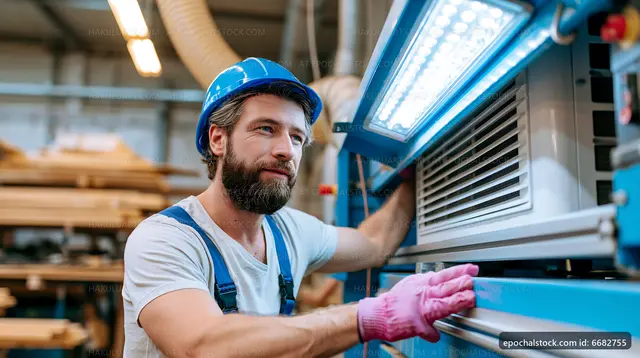 Worker adjusting machinery in wood processing workshop