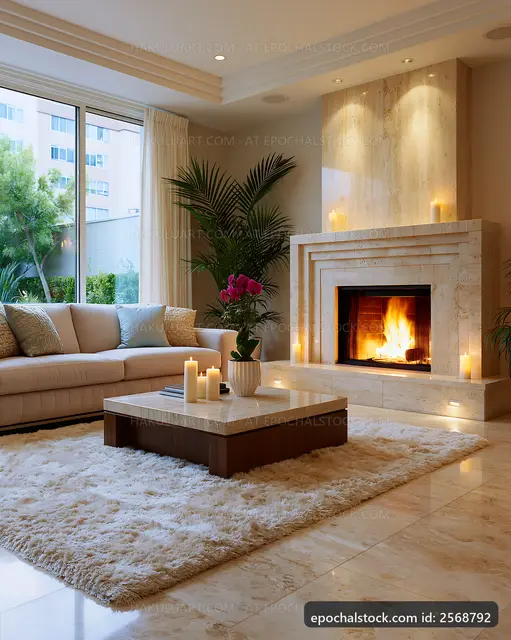 Cozy living room with fireplace and soft rug in modern design