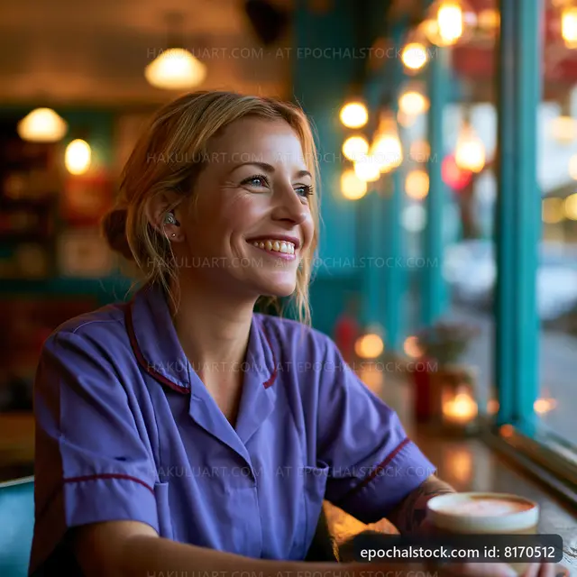 Woman enjoying coffee at a cafe with warm lights and a smile