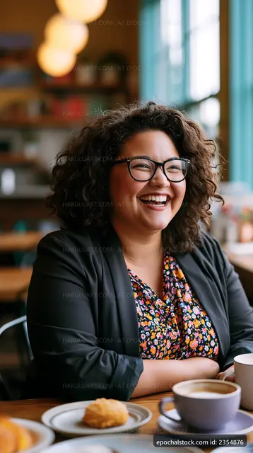 Woman smiling at a cafe with a cup of coffee