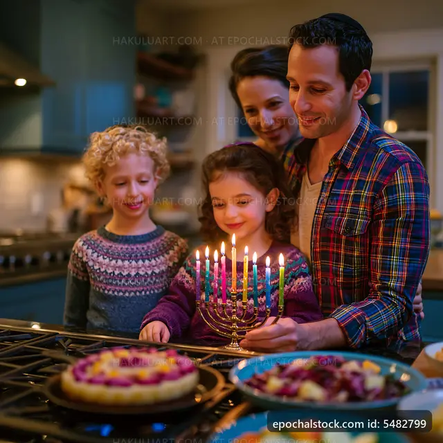 Family celebrates with menorah candles during festival in cozy kitchen