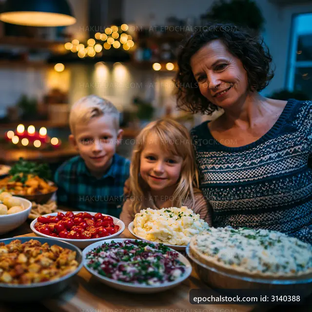Family meal preparation at home with children and dishes