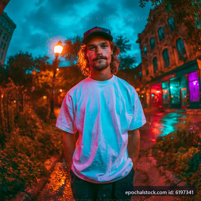 Man stands in urban area at night after rain