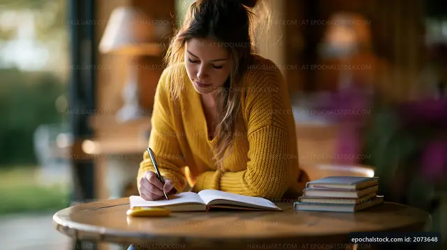 Woman writing in a notebook at a wooden table in a cozy space