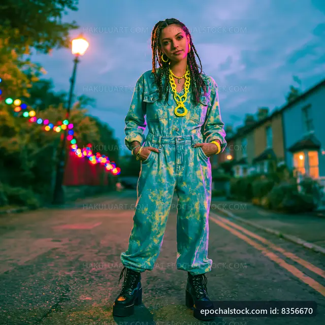 Young woman in colorful outfit stands on street at dusk