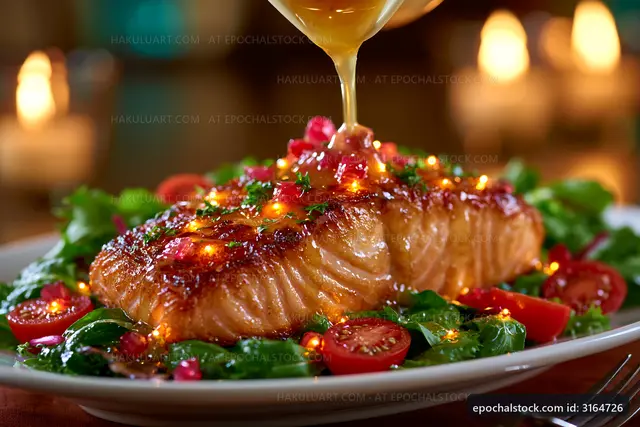 Salmon fillet served with salad and drizzled with sauce