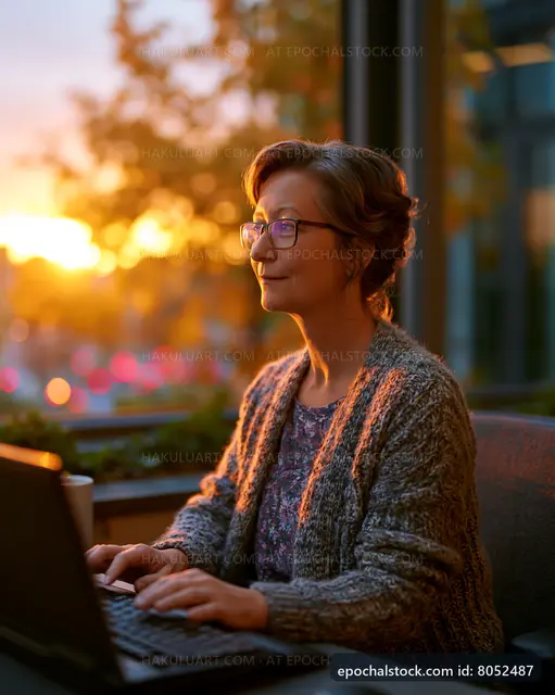 Senior woman working on laptop by the window at sunset