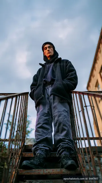Man standing on stairs in urban area during cloudy weather