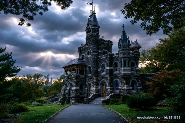 Old stone castle under cloudy sky with trees nearby