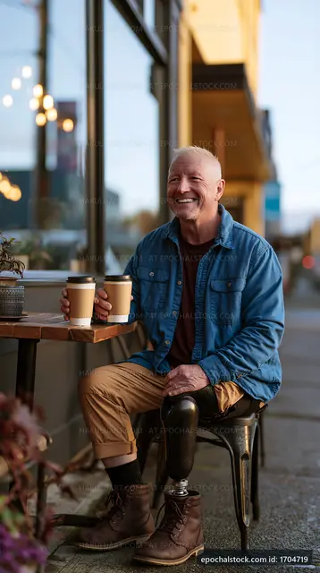 Smiling man with prosthetic leg holding coffee cups outside café