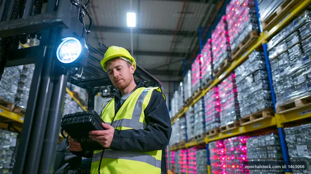 Warehouse worker inspecting inventory with tablet device