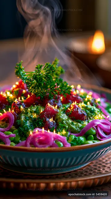 Colorful dish with herbs and vegetables on a table