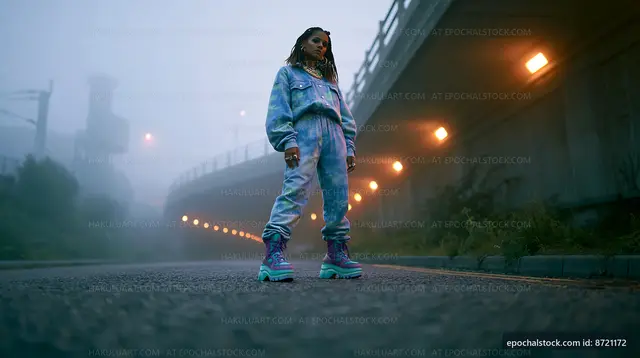 Young woman in stylish outfit stands on urban road at night