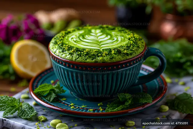 Green tea latte in a blue ceramic cup with mint leaves