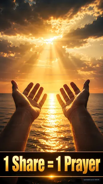 Hands lifted up against sunset over water with message about prayer