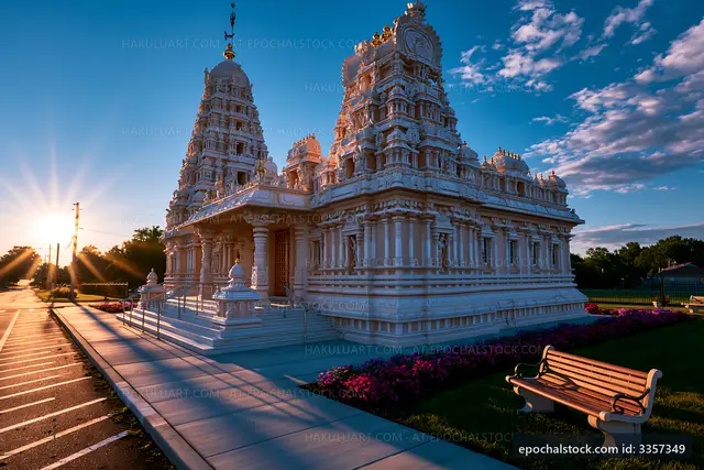 Beautiful temple structure with sunset and bench nearby