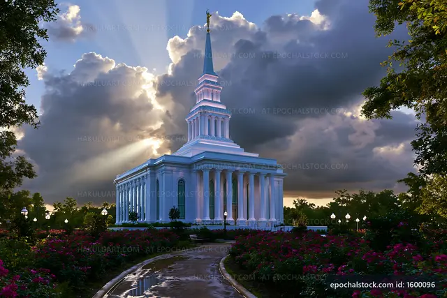 Shining temple with clouds and garden path at sunset