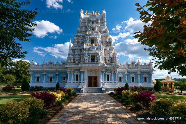 Hindu temple with intricate design and blue exterior