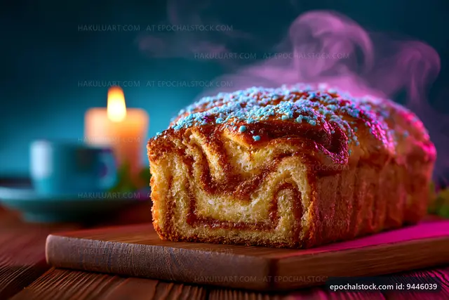 Freshly baked loaf of sweet bread on wooden board