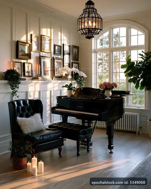 Elegant living room with a grand piano and cozy decor