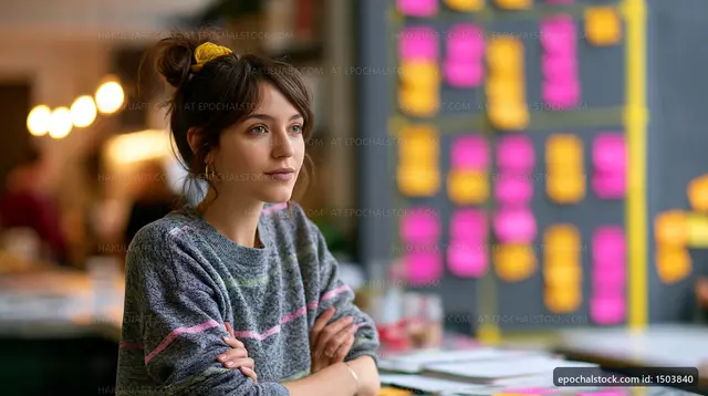 Woman thinking in a creative workspace with sticky notes