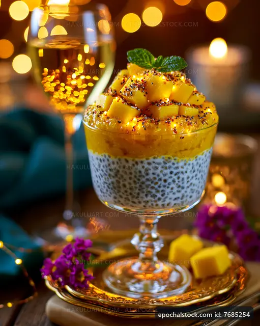 Fresh mango chia pudding served with sparkling drink