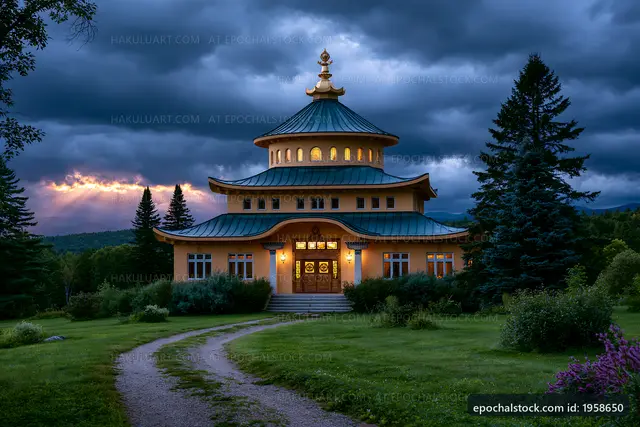 Buddhist temple with golden roof and dark stormy sky