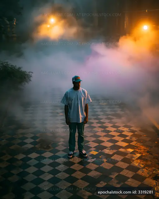 Person standing on checkered floor surrounded by fog at night