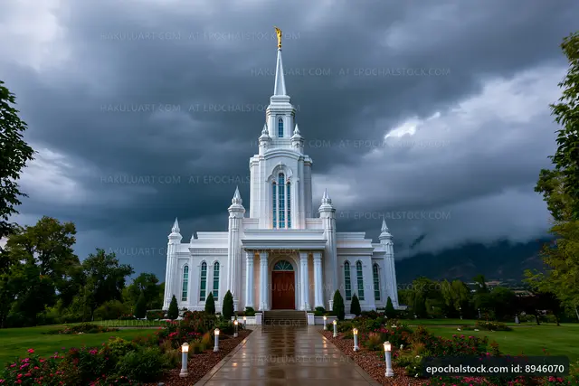 Modern church building under dark storm clouds